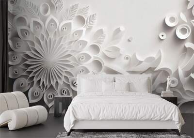 Paper cut flowers on white background. White flower cut out of paper. Origami. Spring concept. Generative AI Wall mural