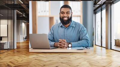 Smile, portrait and professional black man in the office with laptop working on legal case. Confident, happiness and African male attorney doing research on computer for law project in workplace. Wall mural