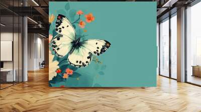 two butterflies flying over a bouquet of flowers on a blue background with orange and pink flowers in the foreground. Wall mural