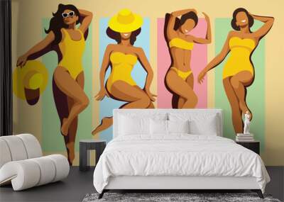 vector image four different beautiful young slim tanned girl models in yellow swimsuits are sunbathing on the beach on colorful mats or towels. elements isolated. view from above. summer holidays. Wall mural