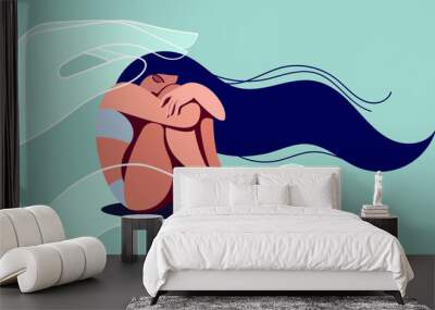 vector image on the theme of mental health. a very sad girl needs psychological support. she may be a victim of domestic violence or abuse. helping hands reach out in her. self-doubt, depression Wall mural