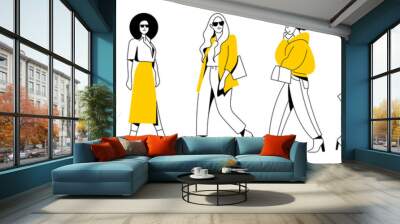 vector set. group of different minimalistic linear people with bright yellow accents in trendy flat design style. useful for web, graphic design, print, mobile applications, flyers, brochures, banners Wall mural