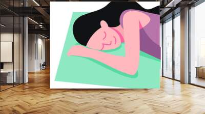 vector stylized illustration of a girl sweetly sleeping in bed with her hair scattered on the pillow in pastel colors on a white background. useful for advertising relaxation products, sleep products Wall mural