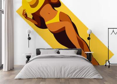 vector trendy illustration on the theme of summer holidays. beautiful young tanned girl in a yellow swimsuit sunbathes on the beach. useful for advertising summer vacations, resorts, hotels, beaches. Wall mural