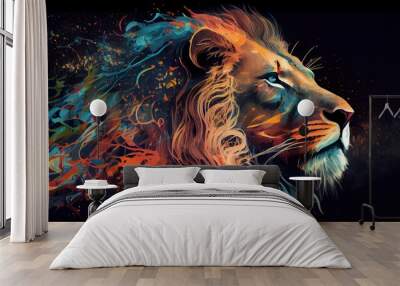 Watercolor lion head. Abstract lion, colorful. Lion's head on a black background, colorful mane. Generative AI Wall mural