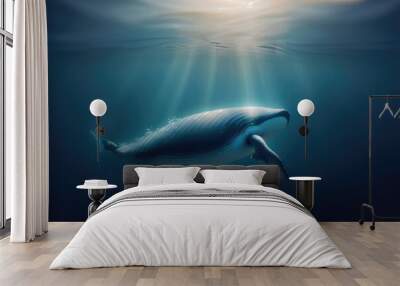 whale swimming in the ocean with the sun shining on it. Generative AI.wildlife concept. Wall mural