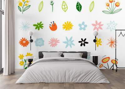 Spring and summer flowers in flat style isolated on white background. Plants and branches. Set of floral elements. Early spring forest and garden flowers isolated on white vector set. Wall mural