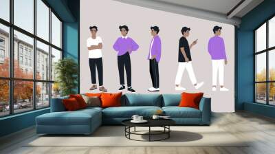 A digital illustration featuring five figures in various relaxed poses, showcasing a range of casual attire and contemporary fashion styles Wall mural