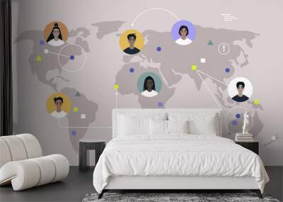 A global community, user avatars on a world map and links between them, a remote work Wall mural