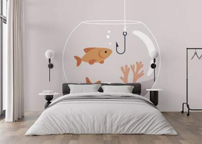 Absurd fishing concept, A round fish tank with corals and sea shells inside, a gullible goldfish curious about a metal hook Wall mural