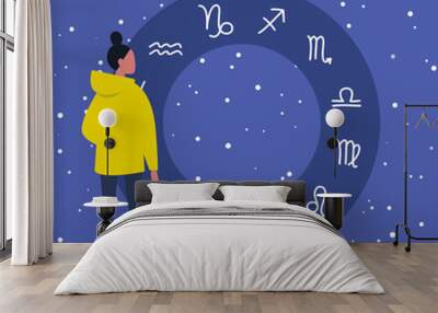 Astrology. Flat editable vector illustration, clip art. Young female character looking at Zodiac signs Wall mural