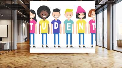 International students wearing colourful t-shirts. University life conceptual illustration. Multiracial group of young students. Flat editable characters, clip art Wall mural