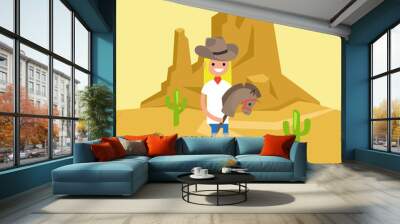 Wild west conceptual illustration. Young blond girl wearing a cowboy hat and riding a hobbyhorse / flat editable vector illustration, clip art Wall mural