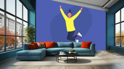 Young excited female character jumping and expressing positive emotions, having fun, good vibe Wall mural