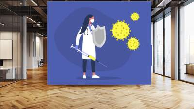 Young female doctor fighting the virus with a sword and shield, healthcare, the immune system, vaccination Wall mural