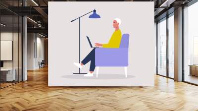 Young male character working on a laptop from home, social distancing, remote office Wall mural