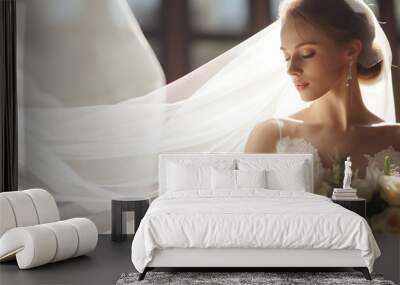 Portrait of a bride with bridal veil, copy space Wall mural