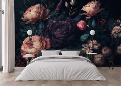 Roses on a black background. Abstract floral design for prints, postcards or wallpaper Wall mural