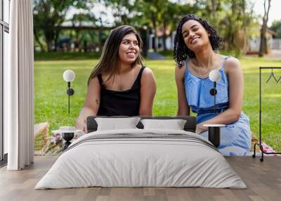 Two female friends having a picnic in the park Wall mural