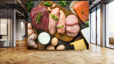 Animal protein sources- meat, fish, cheese and milk. Wall mural