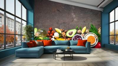 Balanced diet. Organic vegan food for healthy nutrition. Top view Wall mural