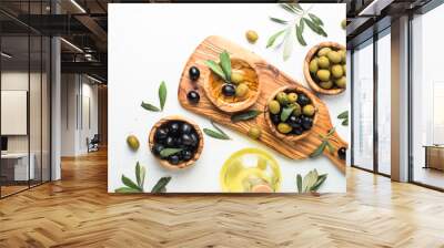 Black and green olives on white. Top view copy space. Wall mural