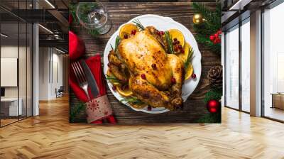 Chrismas chicken baked with cranberry, orange and rosemary. Christmas dinner. Wall mural