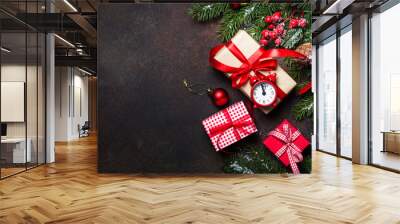 Christmas background with red present box. Top view copy space. Wall mural