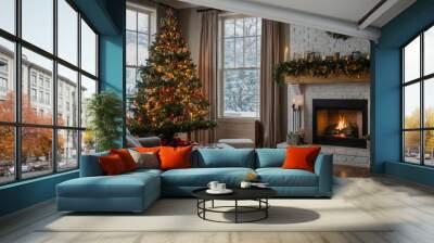 Christmas interior Christmas tree, fireplace and wrapped gifts. Wall mural