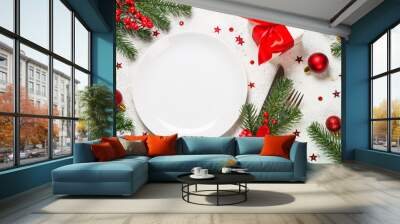 Christmas table setting on white top view. Wall mural