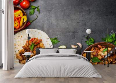 Cooking Mexican taco with meat beans and vegetables. Wall mural