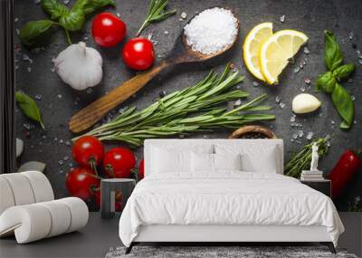 Food cooking background on black top view. Wall mural