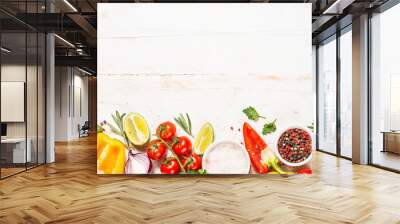 Food cooking background on white wooden table. Wall mural