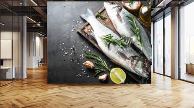 Fresh fish seabass on black background. Top view copy space. Wall mural