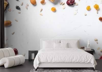 Granola bar with nuts, fruit and berries on white. Wall mural