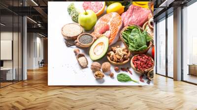 Healthy food - Meat, fish, legumes,  nuts, seeds and vegetables. Wall mural