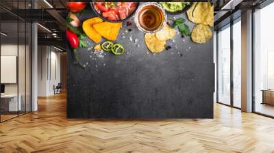 Latinamerican food party sauce guacamole, salsa, chips and tequi Wall mural