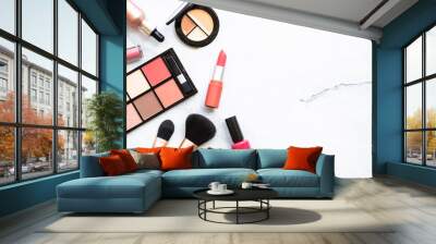 makeup professional cosmetics on white marble background. flat lay image with copy space. Wall mural