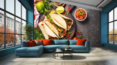 Mexican pork tacos with vegetables and salsa. Wall mural