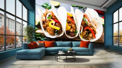 Mexican taco with meat beans and vegetables. Wall mural