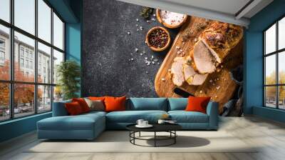 Roast pork meat with spices and herbs.  Top view. Wall mural