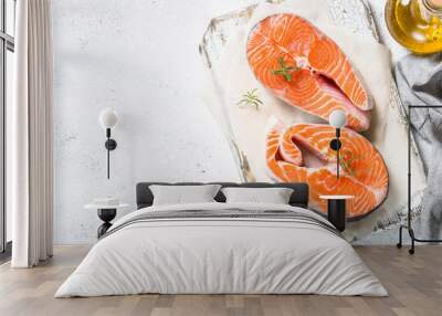 Salmon steak fresh fish with spices top view. Wall mural