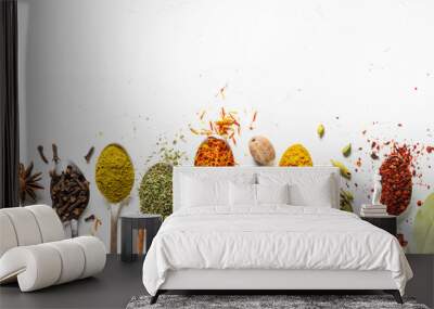 Set of various spices in spoons on white Wall mural