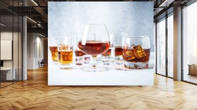 Strong alcohol drink. Cognac, whisky, rum, tequila at light background. Wall mural