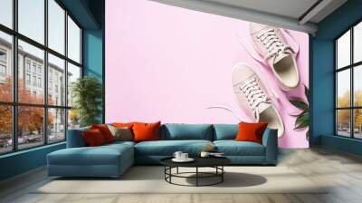 Woman fashion pink shoes on pink background. Wall mural