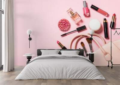 Woman flat lay makup background with cosmetics on pink. Wall mural