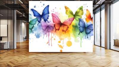 A watercolor painting of butterflies in various colors, with splashes and spots around them Wall mural