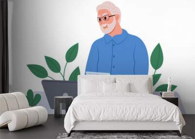 An elderly male businessman runs an online business. A man signs electronic documents receiving via the Internet, web service, technology. Vector flat illustration Wall mural