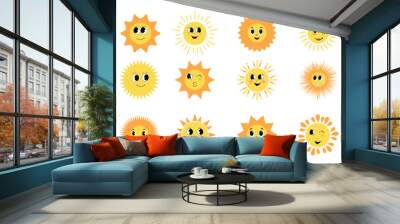 Collection of sunny emoticons. Cute smiling, winking suns with funny faces in doodle style. Vector symbols of sunny warm summer, isolated set. Wall mural