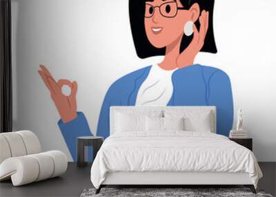 Deaf mute young woman on white background. An adult learns sign language for the deaf disabled. Wall mural